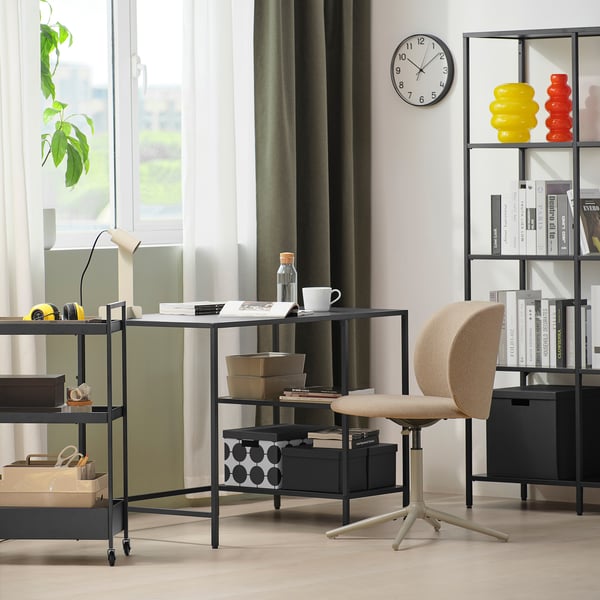 VITTSJÖ Bureau, brun noir/verre, 110x60 cm