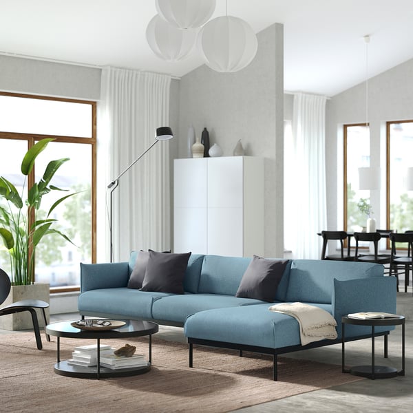 ÄPPLARYD Divano a 4 posti con chaise-longue, Gunnared azzurro