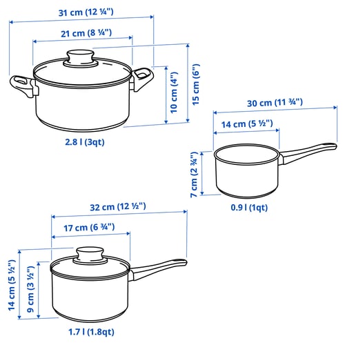 ANNONS Set di 3 pentole e 2 coperchi, vetro/inox