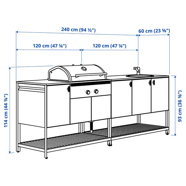BÅTSKÄR Cucina ester/BBQ carbon/elem lavel, grigio scuro, 240x60 cm