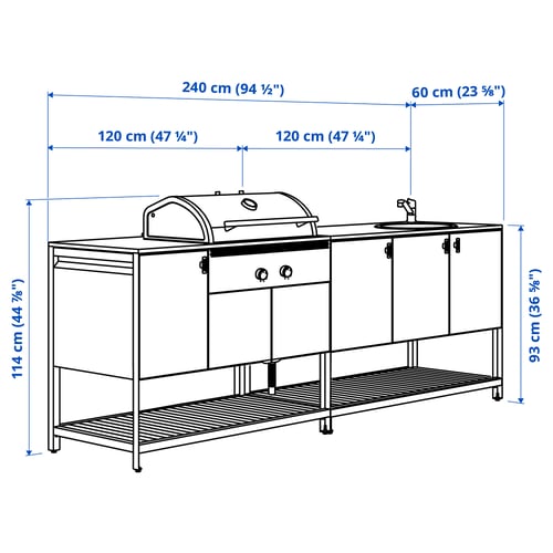 BÅTSKÄR Cucina ester/BBQ carbon/elem lavel, grigio scuro, 240x60 cm
