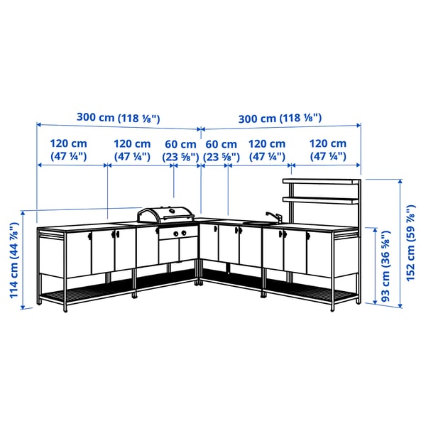 BÅTSKÄR Cucina ester/BBQ carbon/elem lavel, grigio scuro, 300x300 cm