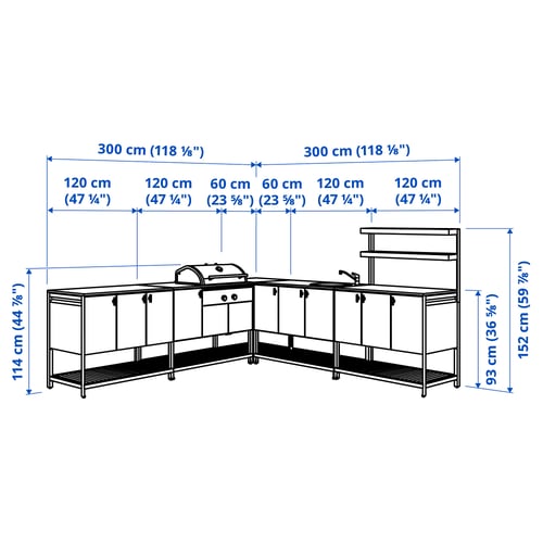 BÅTSKÄR Cucina ester/BBQ carbon/elem lavel, grigio scuro, 300x300 cm