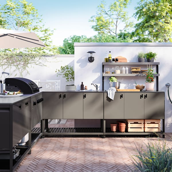 BÅTSKÄR Cucina esterno/BBQ gas/elem lavello, grigio scuro, 300x300 cm