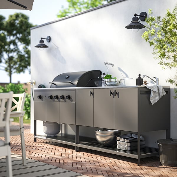 BÅTSKÄR Cucina esterno/BBQ gas/elem lavello, grigio scuro, 240x60 cm