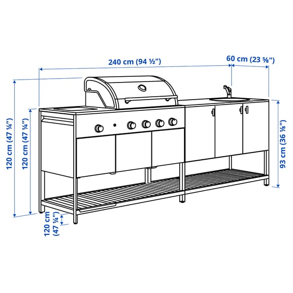 BÅTSKÄR Cucina esterno/BBQ gas/elem lavello, grigio scuro, 240x60 cm