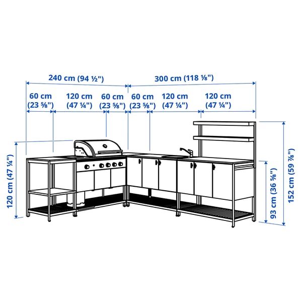BÅTSKÄR Cucina esterno/BBQ gas/elem lavello, grigio scuro, 240x300 cm