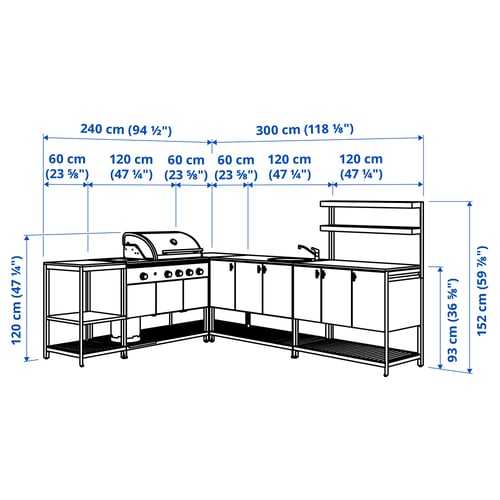 BÅTSKÄR Cucina esterno/BBQ gas/elem lavello, grigio scuro, 240x300 cm