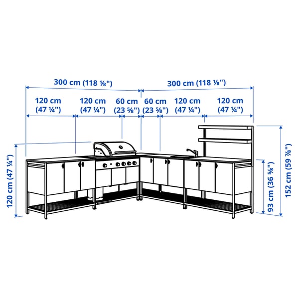 BÅTSKÄR Cucina esterno/BBQ gas/elem lavello, grigio scuro, 300x300 cm