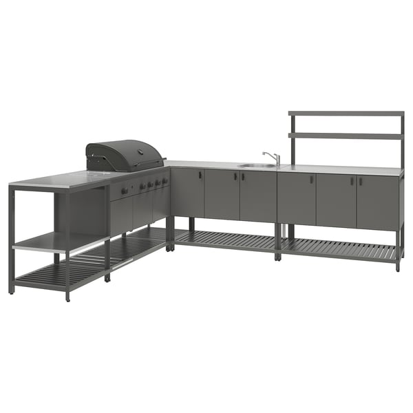 BÅTSKÄR Cucina esterno/BBQ gas/elem lavello, grigio scuro, 240x300 cm