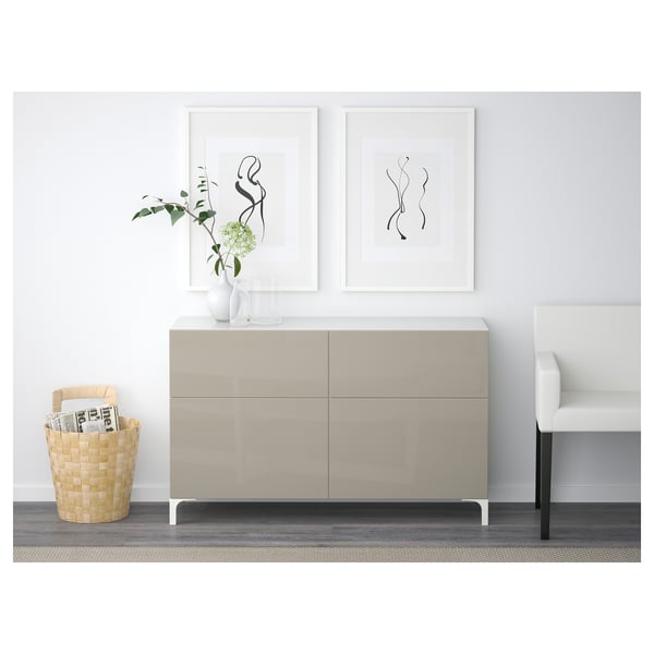 BESTÅ Combinazione + ante/cassetti, bianco/Selsviken lucido/beige, 120x42x74 cm