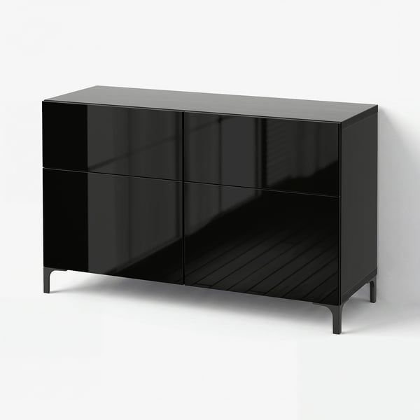 BESTÅ Combinazione + ante/cassetti, marrone-nero/Selsviken lucido/nero, 120x42x74 cm