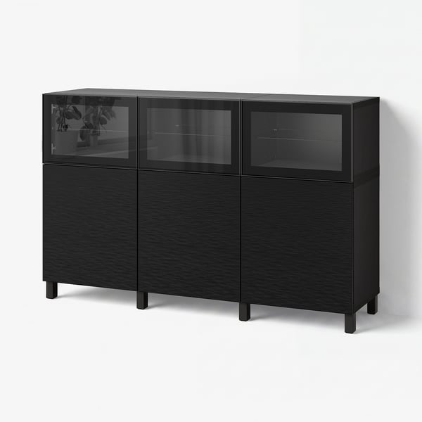BESTÅ Mobile con ante, marrone-nero Laxviken/nero vetro trasparente, 180x42x112 cm