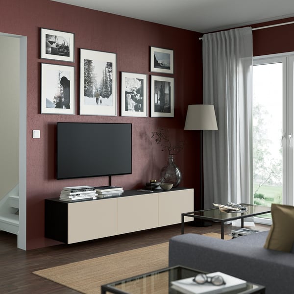 BESTÅ Mobile TV con ante, marrone-nero/Lappviken grigio chiaro/beige, 180x42x38 cm