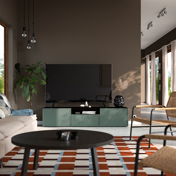 BESTÅ Mobile TV, marrone-nero/Krukmakare grigio scuro-verde, 180x42x39 cm