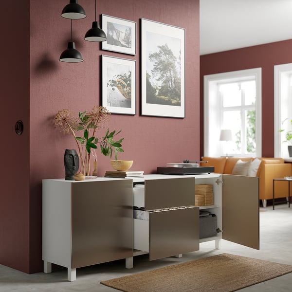 BESTÅ Mobili con cassetti, bianco Riksviken/effetto bronzo chiaro, 180x42x74 cm