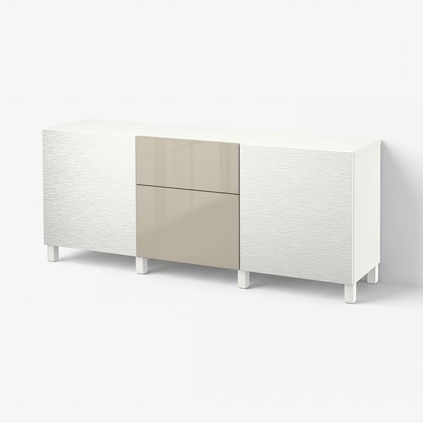 BESTÅ Mobili con cassetti, Laxviken bianco/Selsviken lucido/beige, 180x42x74 cm
