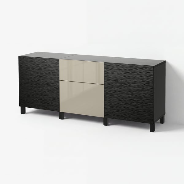 BESTÅ Mobili con cassetti, Laxviken nero/Selsviken lucido/beige, 180x42x74 cm