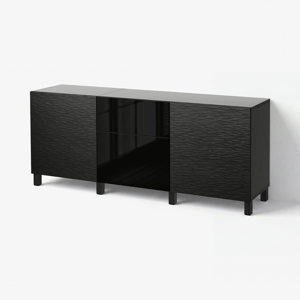 BESTÅ Mobili con cassetti, Laxviken nero/Selsviken lucido/nero, 180x42x74 cm