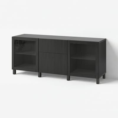 BESTÅ Mobili con cassetti, marrone-nero Lappviken/Sindvik/Stubbarp vetro trasparente marrone-nero, 180x42x74 cm