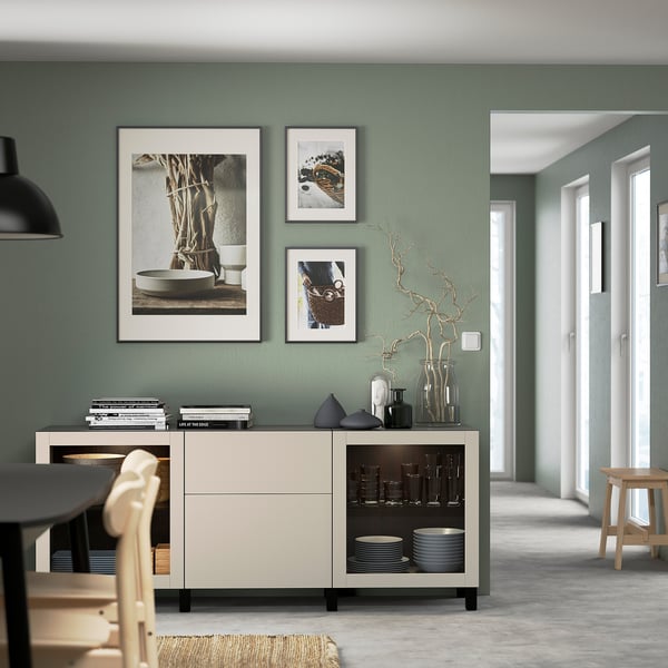 BESTÅ Mobili con cassetti, marrone-nero Lappviken/Stubbarp/grigio chiaro-beige vetro trasparente, 180x42x74 cm