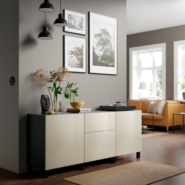 BESTÅ Mobili con cassetti, marrone-nero/Selsviken/Stubbarp lucido/beige, 180x42x74 cm