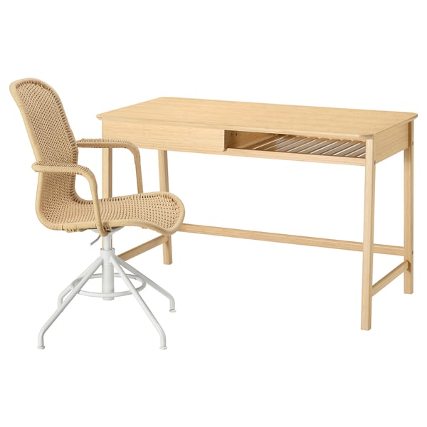 BETESHÄST / STIGBYGEL Scrivania e sedia, bambù beige/bianco