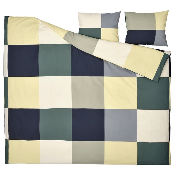 BRUNKRISSLA Copripiumino e 2 federe, verde/fantasia, 240x220/50x60 cm