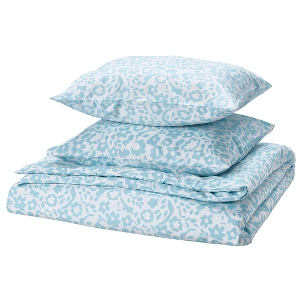 CYMBALBLOMMA Copripiumino e 2 federe, bianco/blu, 240x220/50x60 cm