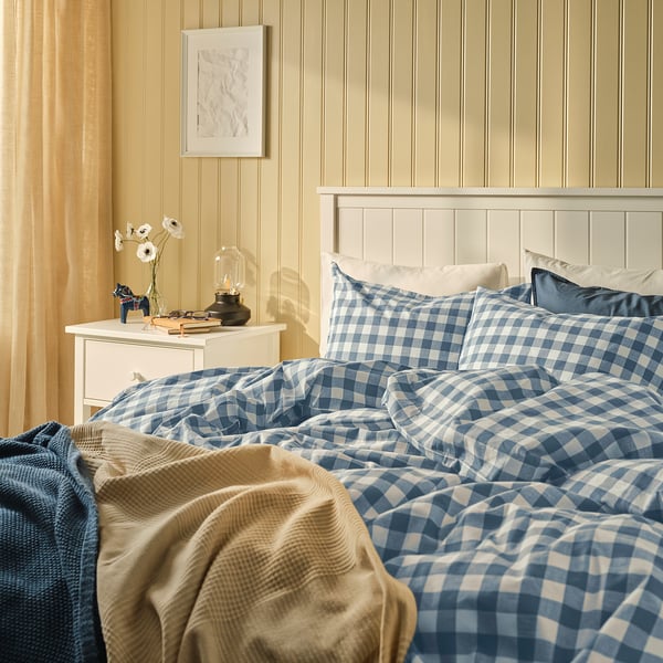 EKTANDVINGE Copripiumino e 2 federe, blu scuro bianco/a quadri, 240x220/50x60 cm