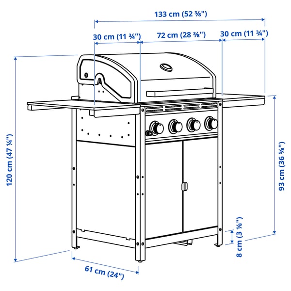 GRILLSKÄR Barbecue a gas con 2 tavolini, inox/da esterno, 85/109/133x61 cm