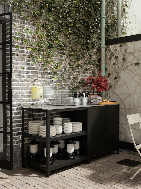 GRILLSKÄR Scaffale per isola cucina, nero/inox da esterno, 86x61 cm