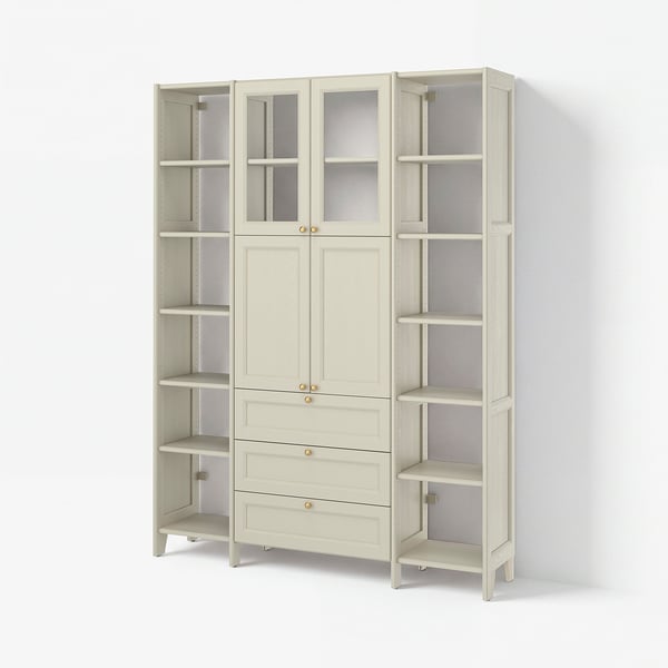GULDDRAGARE Combinazione di mobili, beige/vetro trasparente con 3 cassetti, 162x37x216 cm