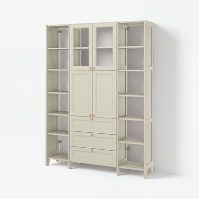 GULDDRAGARE Combinazione di mobili, beige/vetro trasparente con 3 cassetti, 162x37x216 cm