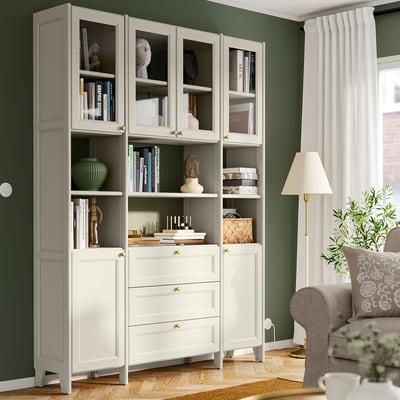 GULDDRAGARE Combinazione di mobili, beige vetro trasparente/con ante e ripiani con 3 cassetti, 162x37x216 cm