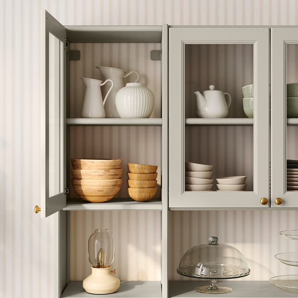 GULDDRAGARE Combinazione di mobili, beige vetro trasparente/con ante e ripiani con 3 cassetti, 162x37x216 cm