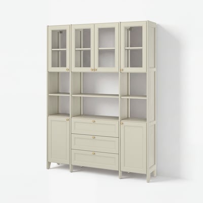 GULDDRAGARE Combinazione di mobili, beige vetro trasparente/con ante e ripiani con 3 cassetti, 162x37x216 cm