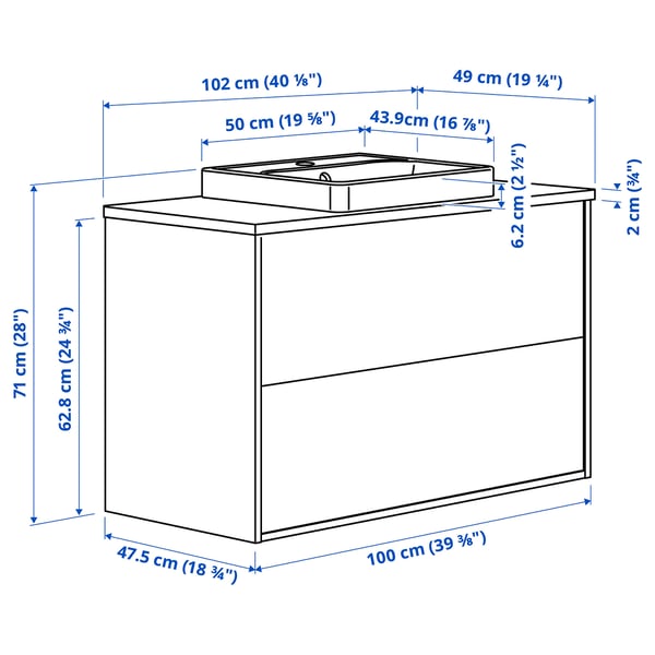 HAVBÄCK / ORRSJÖN Mobile lavabo con cassetti/lavabo, bianco/bambù chiaro, 102x49x71 cm