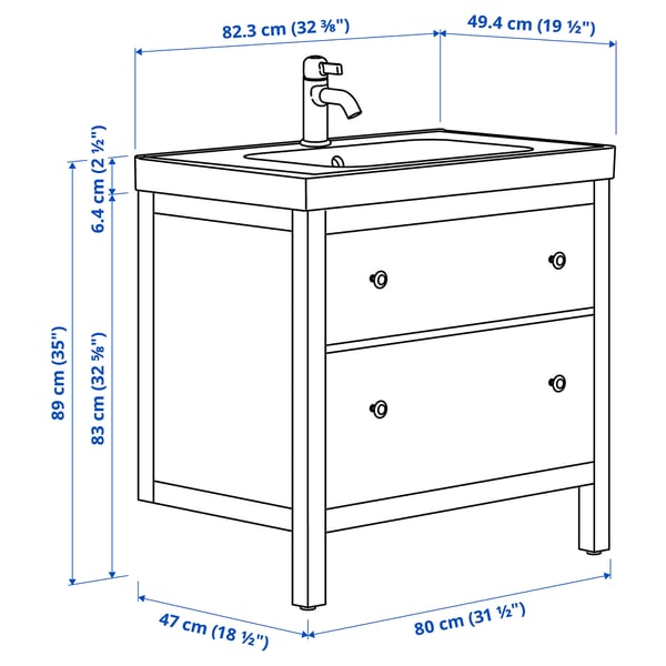 HEMNES / ORRSJÖN Mobile lavabo con cassetti/lavabo, bianco, 82x49x89 cm