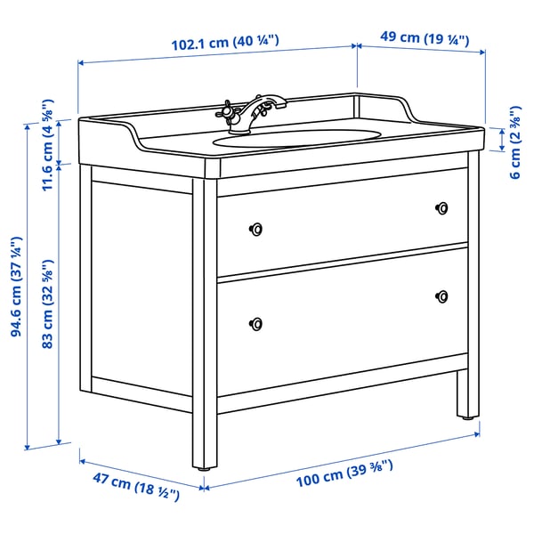 HEMNES / RUTSJÖN Mobile lavabo con cassetti/lavabo, bianco, 102x49x95 cm