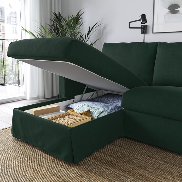 HYLTARP Divano a 3 posti/chaise-longue, sx, Tallmyra verde scuro