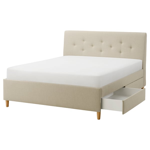 IDANÄS Letto imbottito con cassetti, Naggen beige, 180x200 cm