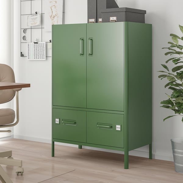 IDÅSEN Mobile con ante e cassetti, verde scuro, 80x47x119 cm
