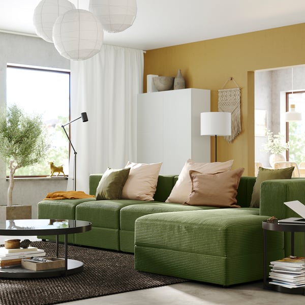 JÄTTEBO Divano comp 4,5 posti/chaise-longue, destro/Samsala giallo scuro-verde