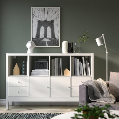KALLAX Scaffale con base, con 2 ante/4 cassetti/bianco, 147x94 cm