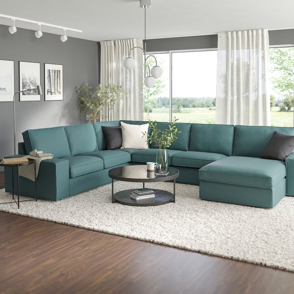KIVIK Divano angol 5 posti/chaise-longue, Kelinge grigio-turchese