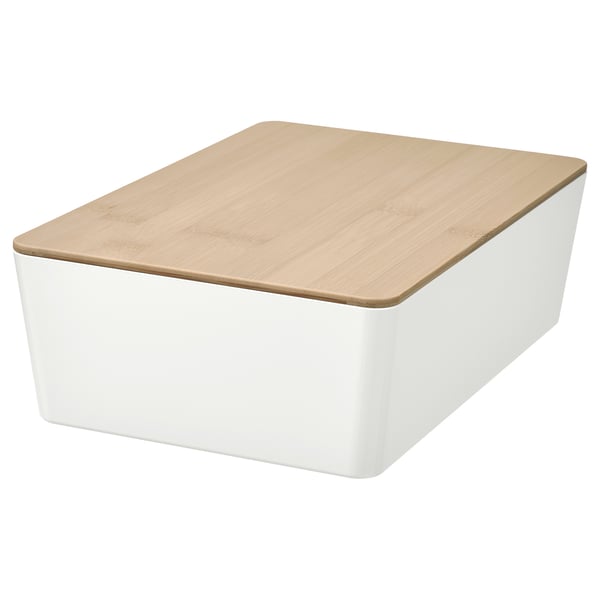 KUGGIS Contenitore con coperchio, bianco/bambù, 18x26x8 cm