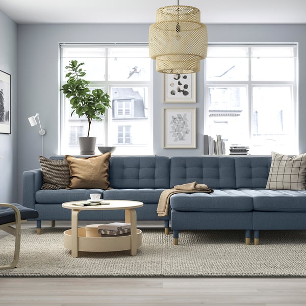 LANDSKRONA Divano a 4 posti con chaise-longue, Gunnared blu/legno