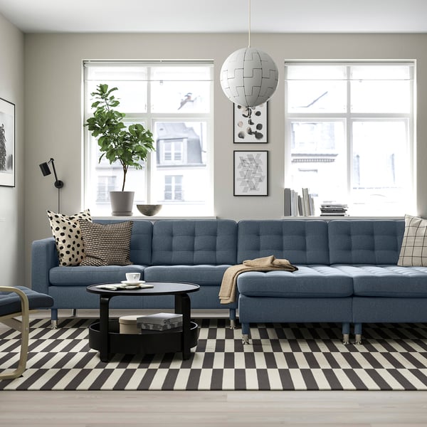 LANDSKRONA Divano a 4 posti con chaise-longue, Gunnared blu/metallo