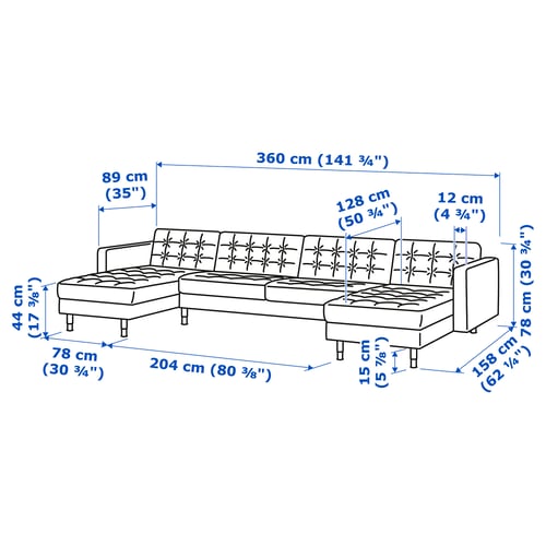 LANDSKRONA Divano a 5 posti con chaise-longue, Gunnared blu/legno/nero
